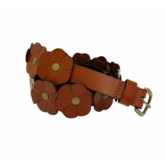 🌺Lucky Brand Women's XL Brown Leather Studded Flowers Belt Gold-Tone Buckle NWT